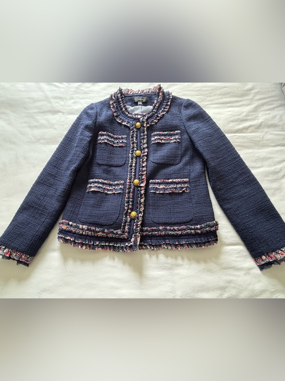 EUC! RARE! J.Crew Tweed Navy Lady Jacket With Liberty Floral Ruffle Trim